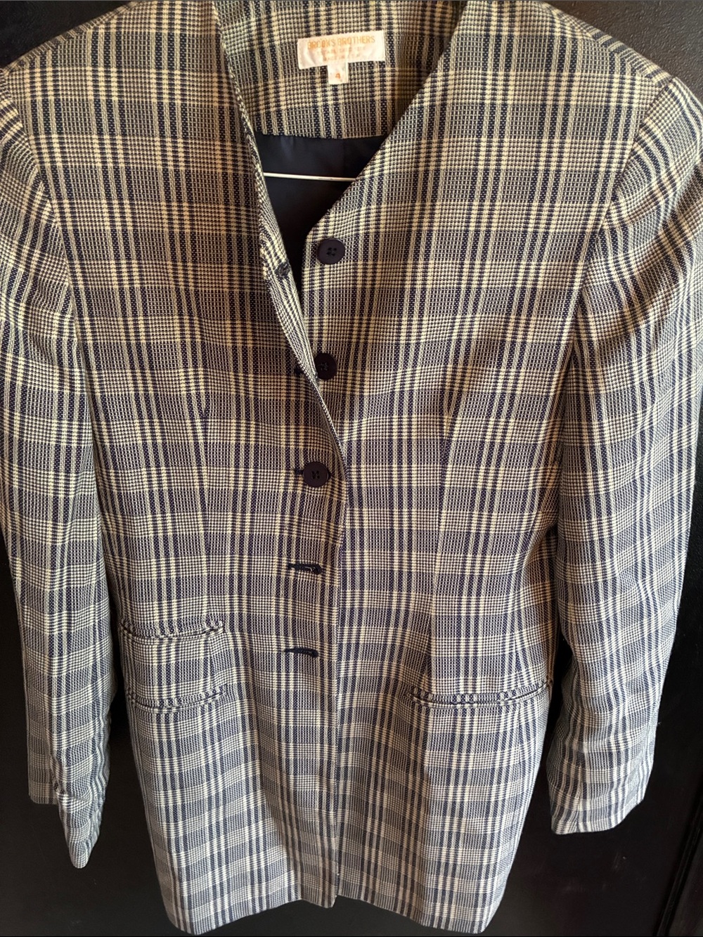 Women’s Brooks Brothers Vintage Acadamia Navy & Cream Plaid Collarless Blazer 4